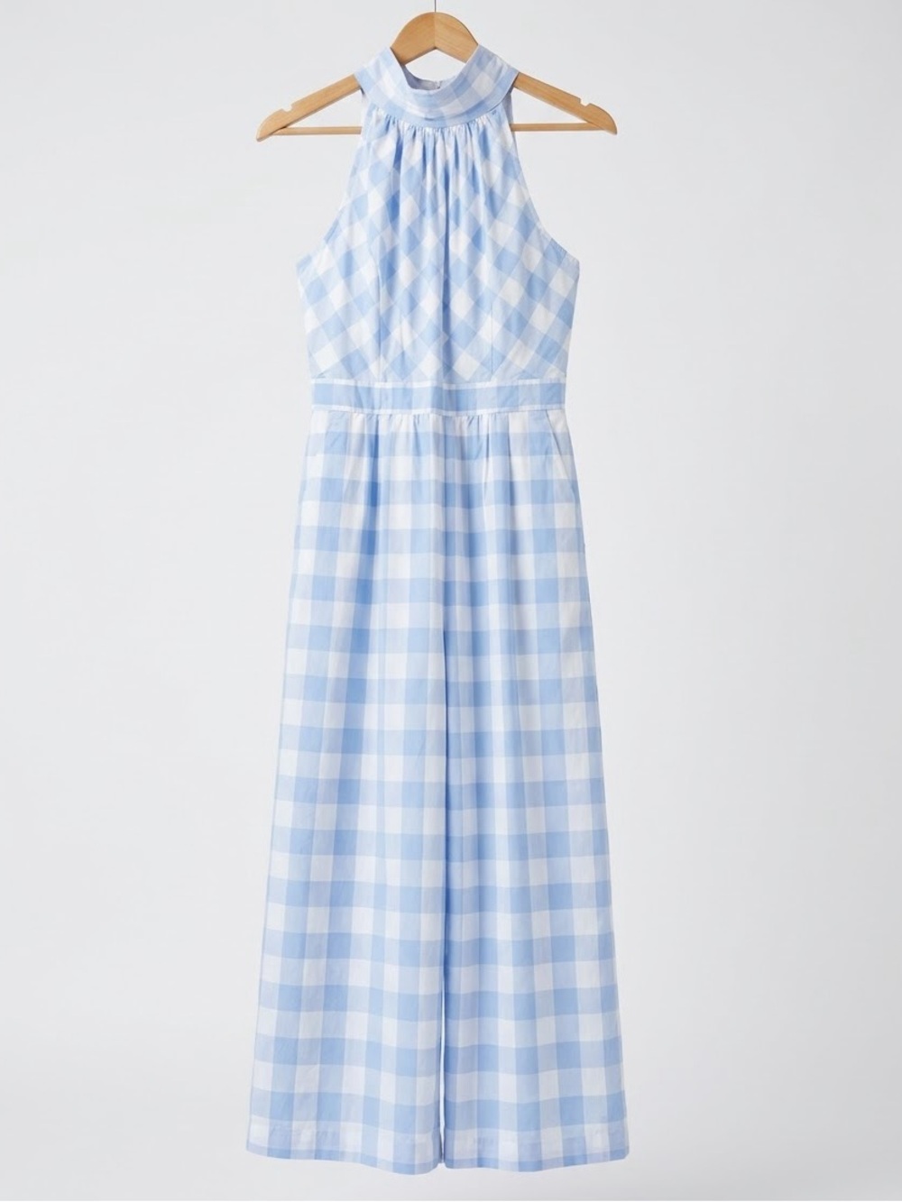 J.Crew Gingham Tie Neck Halter Wide Leg High Waist Cropped Jumpsuit Blue White 2